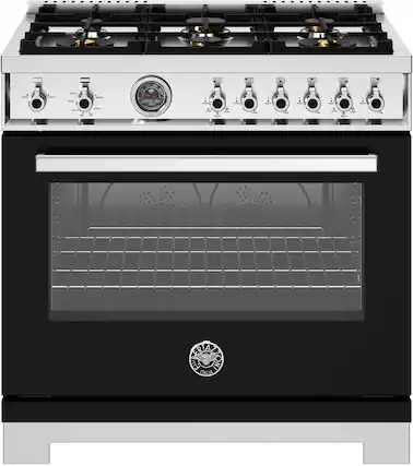 Front. Bertazzoni - 36" Professional Series range - Gas oven - 6 brass burners - Black.