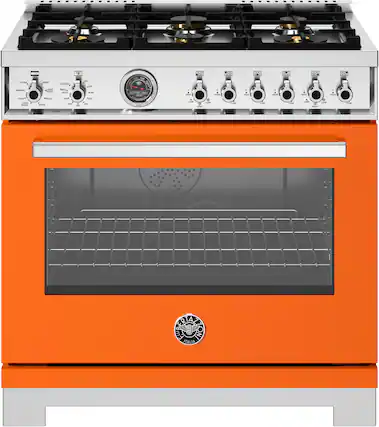 Front. Bertazzoni - 36" Professional Series range - Electric self clean oven - 6 brass burners - Orange.