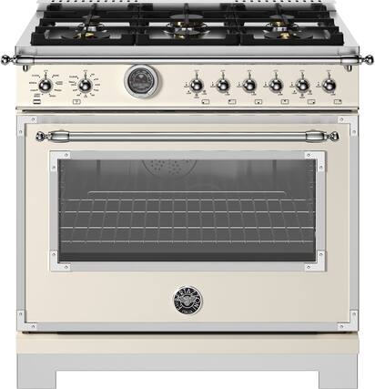 Front. Bertazzoni - 36" Heritage Series range - Dual Fuel self clean oven - 6 brass burners - Ivory.