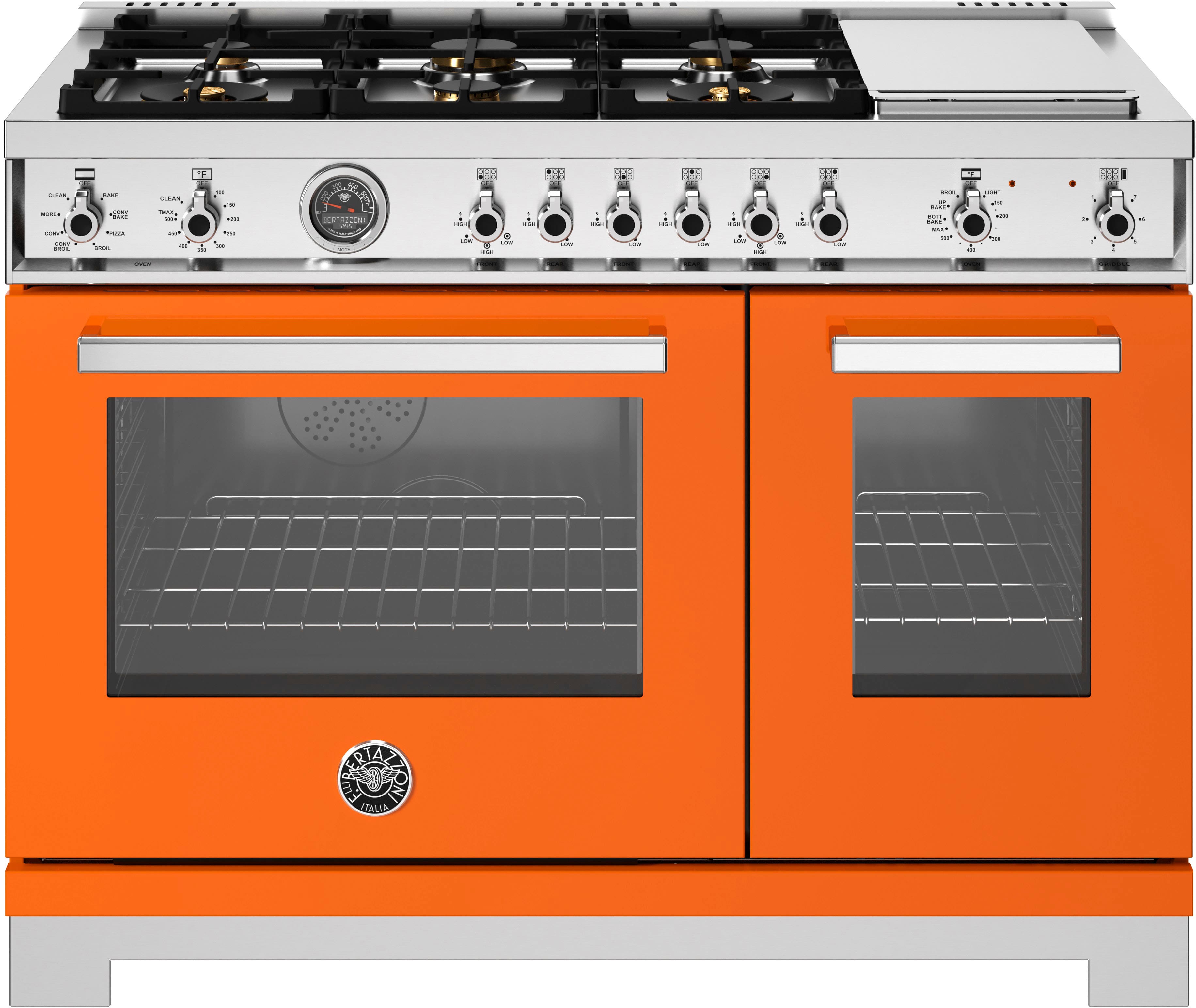 Front. Bertazzoni - 48" Professional Series range - Electric self clean oven - 6 brass burners + griddle - Orange.