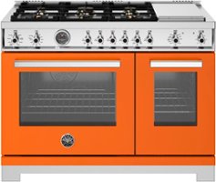 Bertazzoni - 48" Professional Series range - Electric self clean oven - 6 brass burners + griddle - Orange - Front_Zoom