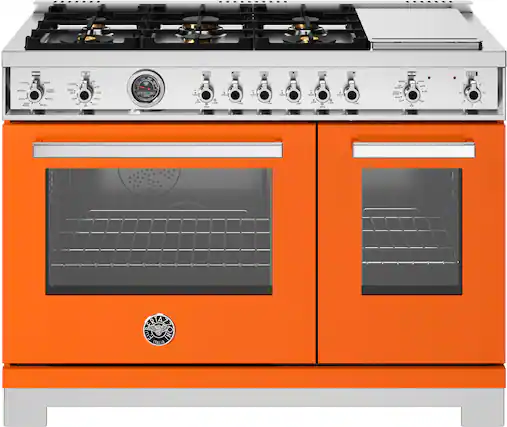 Front. Bertazzoni - 48" Professional Series range - Electric self clean oven - 6 brass burners + griddle - Orange.