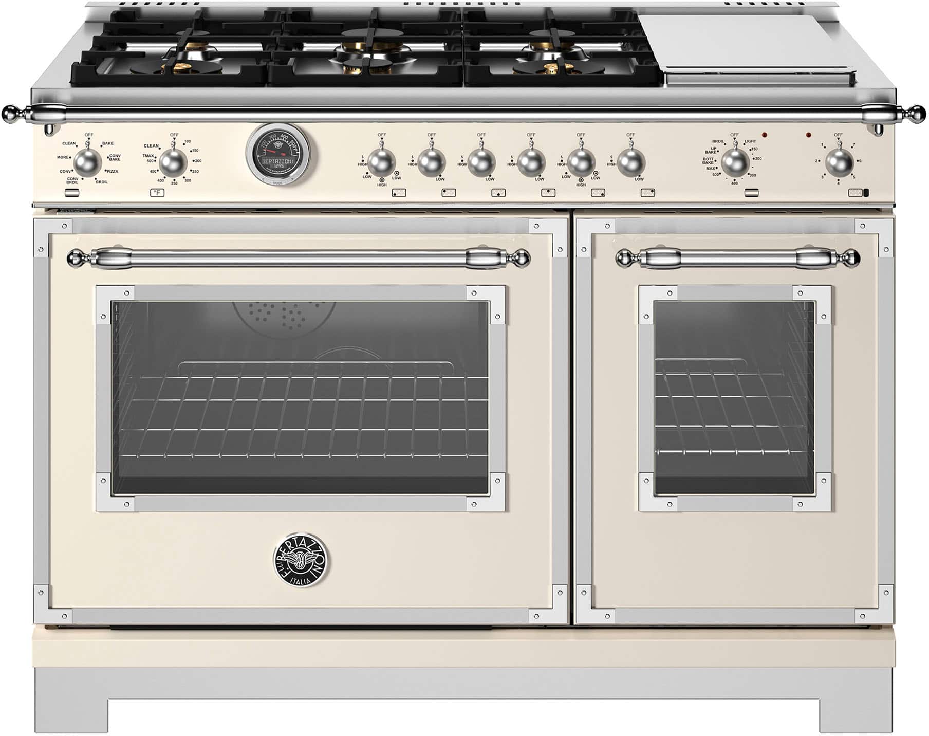 Front. Bertazzoni - 48" Heritage Series range - Dual Fuel self clean oven - 6 brass burners + griddle - Ivory.