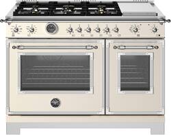 Bertazzoni - 48" Heritage Series range - Dual Fuel self clean oven - 6 brass burners + griddle - Ivory - Front_Zoom