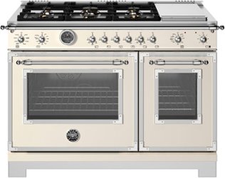 Bertazzoni - 48" Heritage Series range - Dual Fuel self clean oven - 6 brass burners + griddle - Ivory - Front_Zoom
