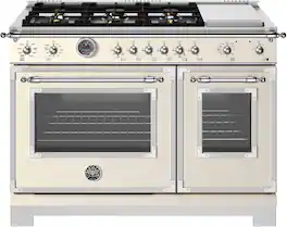 Bertazzoni - 48" Heritage Series range - Dual Fuel self clean oven - 6 brass burners + griddle - Ivory