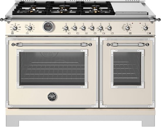 Front. Bertazzoni - 48" Heritage Series range - Dual Fuel self clean oven - 6 brass burners + griddle - Ivory.