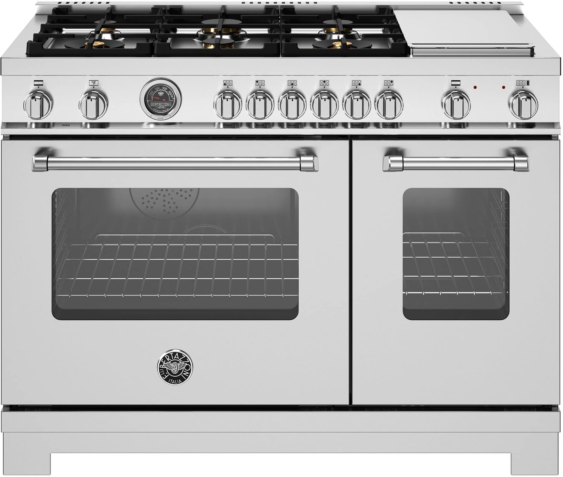 Bertazzoni - 48" Master Series range - Dual Fuel self clean oven - 6 brass burners + griddle - Stainless Steel - Front_Zoom