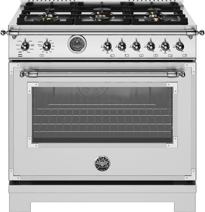 Front. Bertazzoni - 36" Heritage Series range - Dual Fuel self clean oven - 6 brass burners - Stainless Steel.