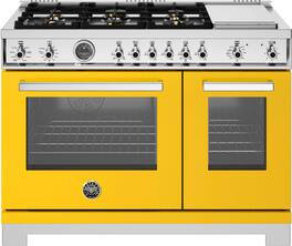 Bertazzoni - 48" Professional Series range - Electric self clean oven - 6 brass burners + griddle - Yellow