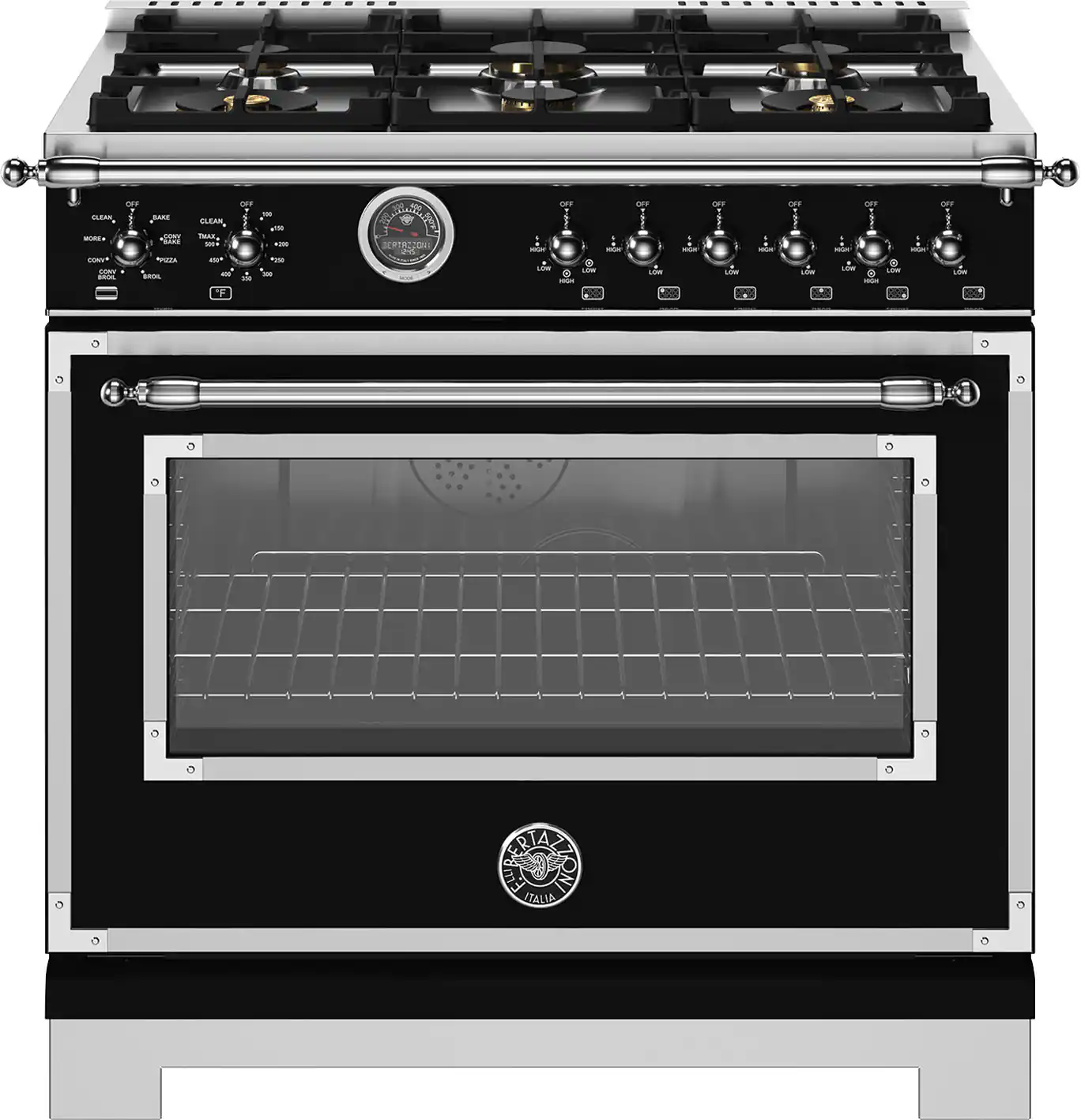 Front. Bertazzoni - 36" Heritage Series range - Dual Fuel self clean oven - 6 brass burners - Black.