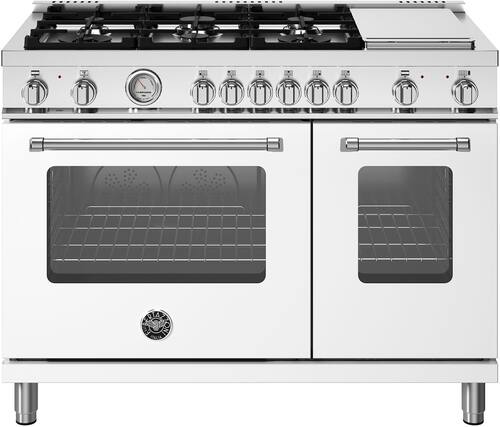 Front. Bertazzoni - 48" Master Series range - Dual Fuel - 6 aluminum burners - Matte White.