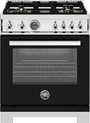 Front. Bertazzoni - 30" Professional Series range - Electric self clean oven - 4 brass burners - Black.