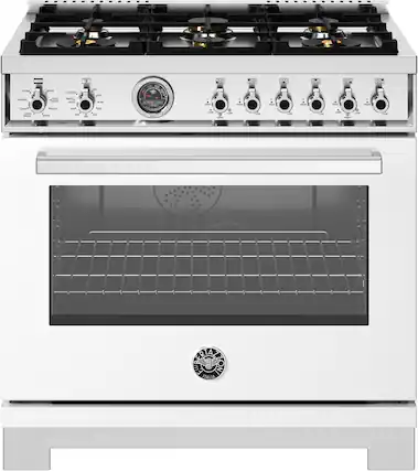 Front. Bertazzoni - 36" Professional Series range - Electric self clean oven - 6 brass burners - White.