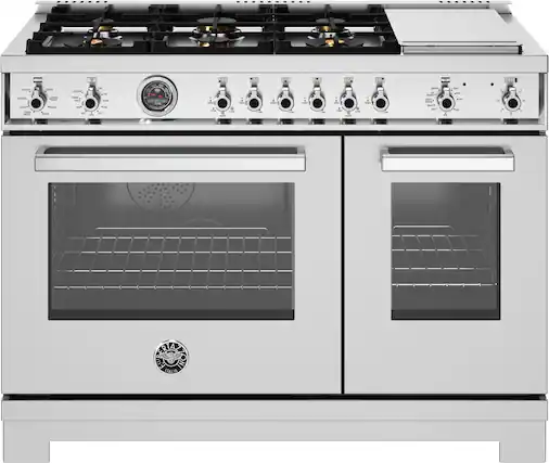 Front. Bertazzoni - 48" Professional Series range - Electric self clean oven - 6 brass burners + griddle - Stainless Steel.