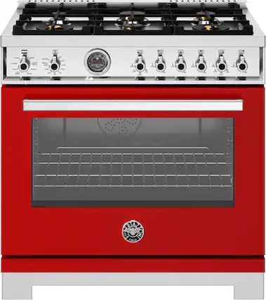Front. Bertazzoni - 36" Professional Series range - Electric self clean oven - 6 brass burners - Red.