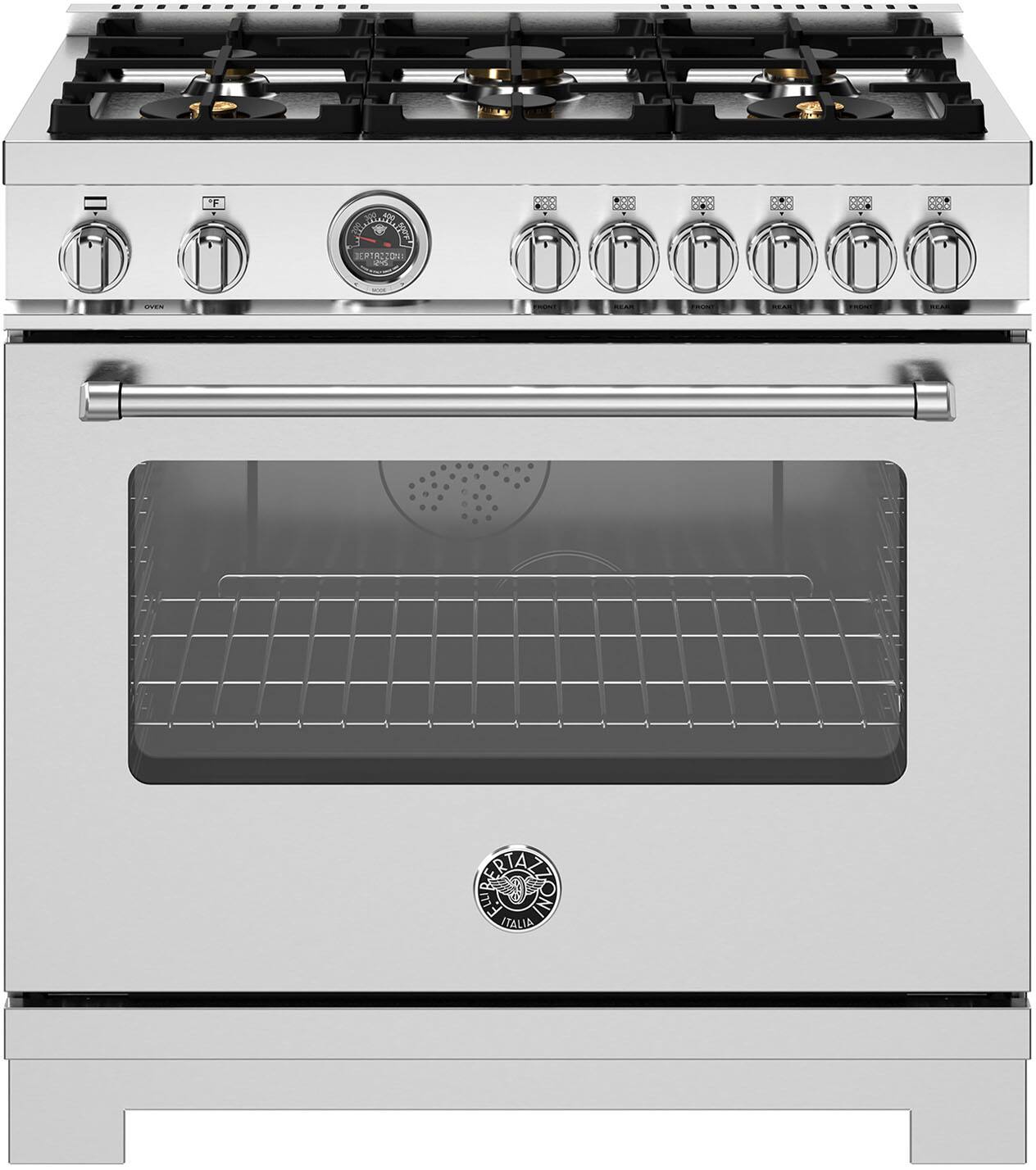 Front. Bertazzoni - 36" Master Series range - Dual Fuel self clean oven - 6 brass burners - Stainless Steel.