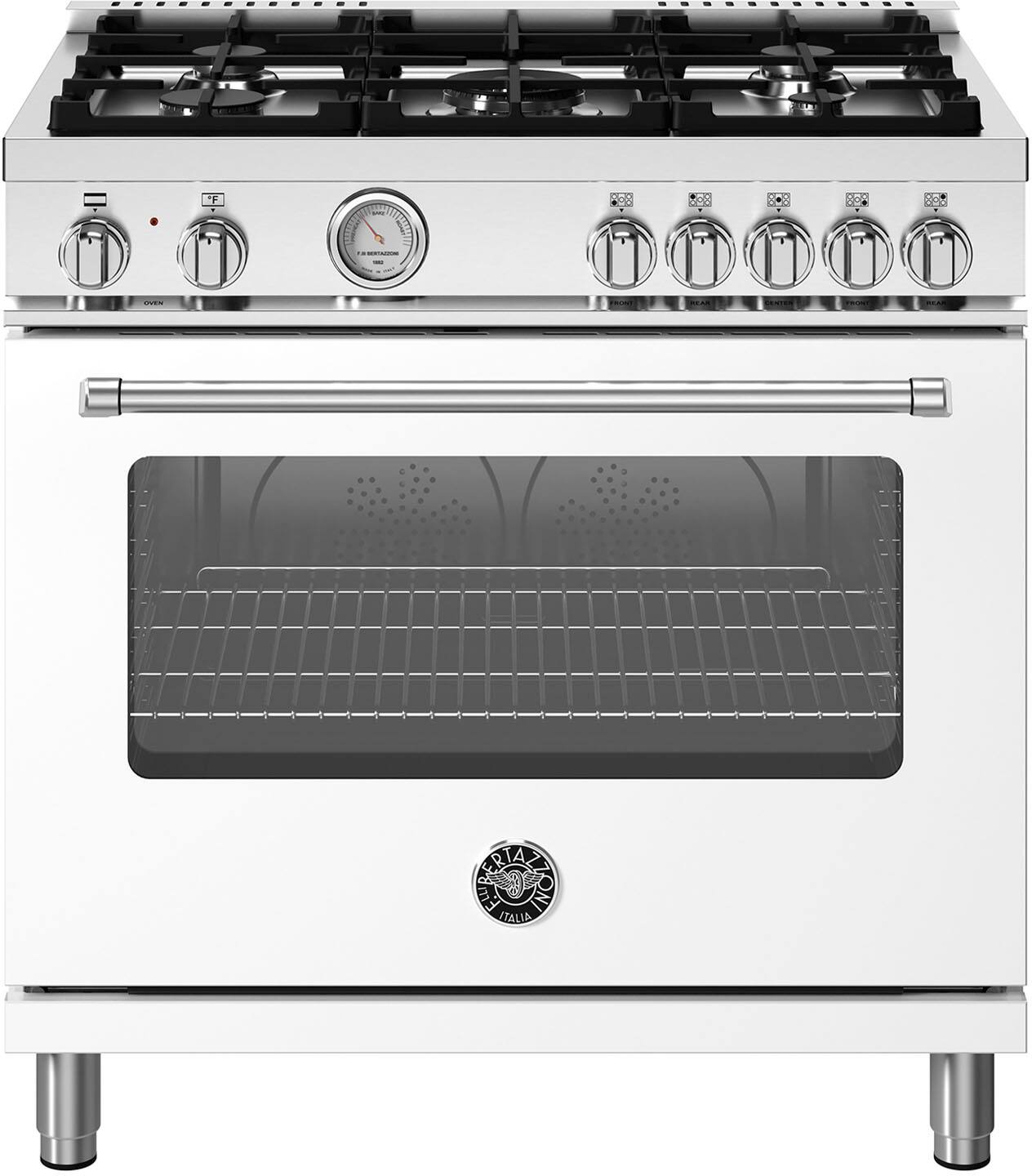 Front. Bertazzoni - 36" Master Series range - Dual Fuel - 5 aluminum burners - Matte White.