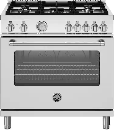 Front. Bertazzoni - 36" Master Series range - Dual Fuel - 5 aluminum burners - Stainless Steel.