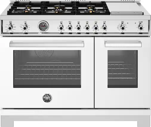 Front. Bertazzoni - 48" Professional Series range - Electric self clean oven - 6 brass burners + griddle - White.