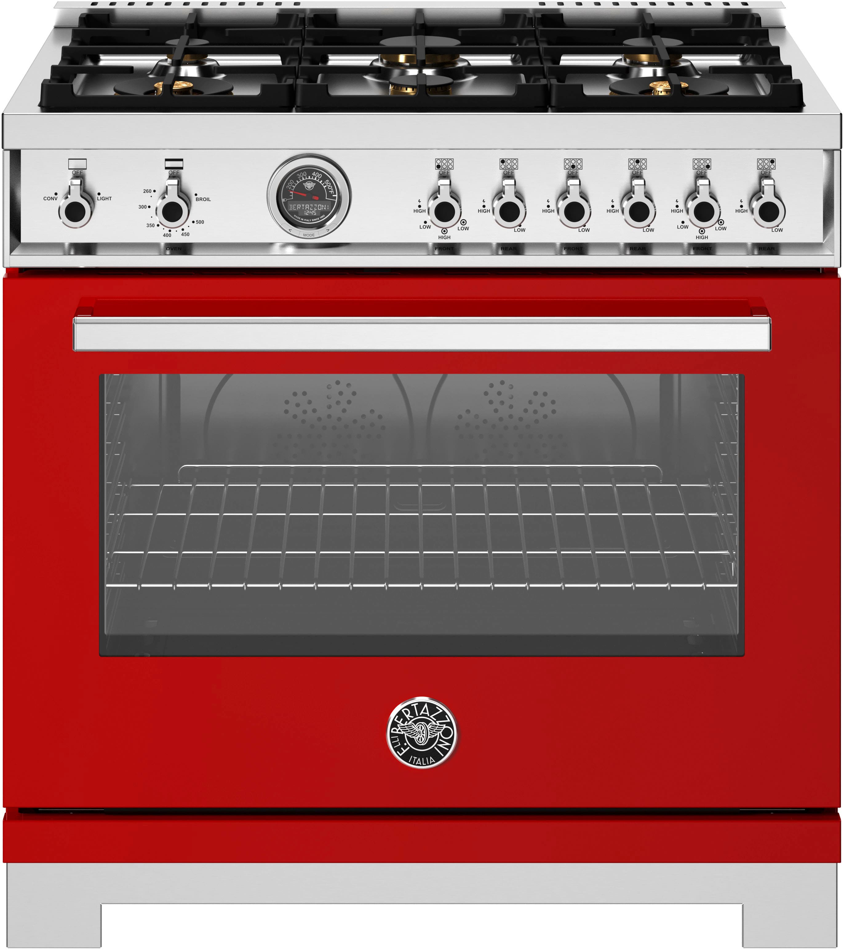 Bertazzoni - 36" Professional Series range - Gas oven - 6 brass burners - Red - Front_Zoom