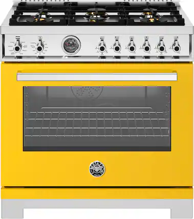 Front. Bertazzoni - 36" Professional Series range - Electric self clean oven - 6 brass burners - Yellow.