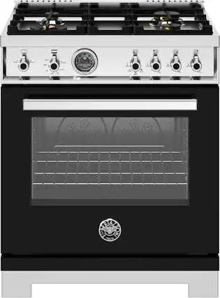 Front. Bertazzoni - 30" Professional Series range - Gas oven - 4 brass burners - Black.