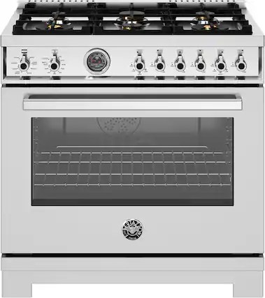 Front. Bertazzoni - 36" Professional Series range - Electric self clean oven - 6 brass burners - Stainless Steel.