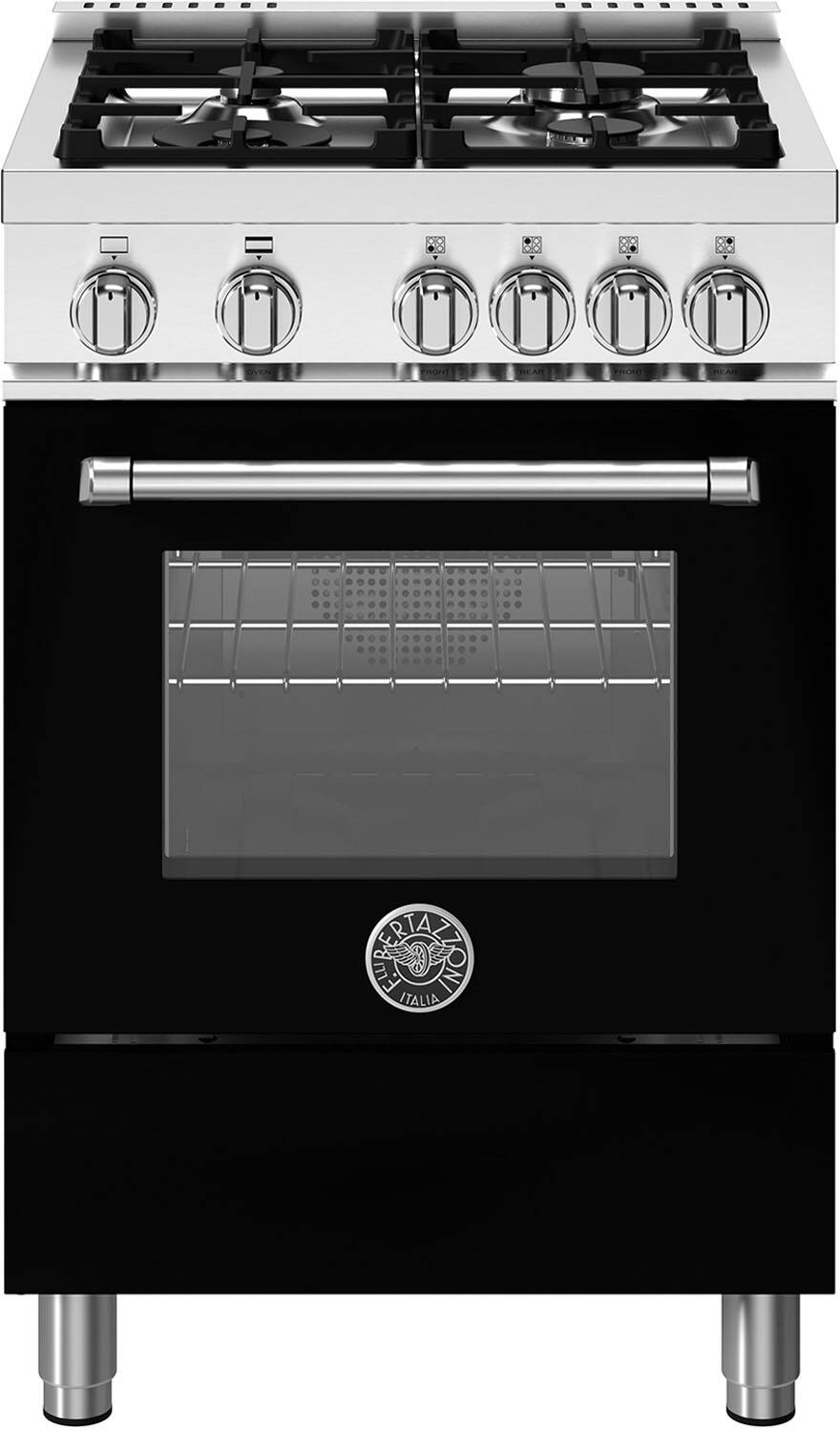 Front. Bertazzoni - 24" Master Series range - Gas oven - 4 aluminum burners - Black.
