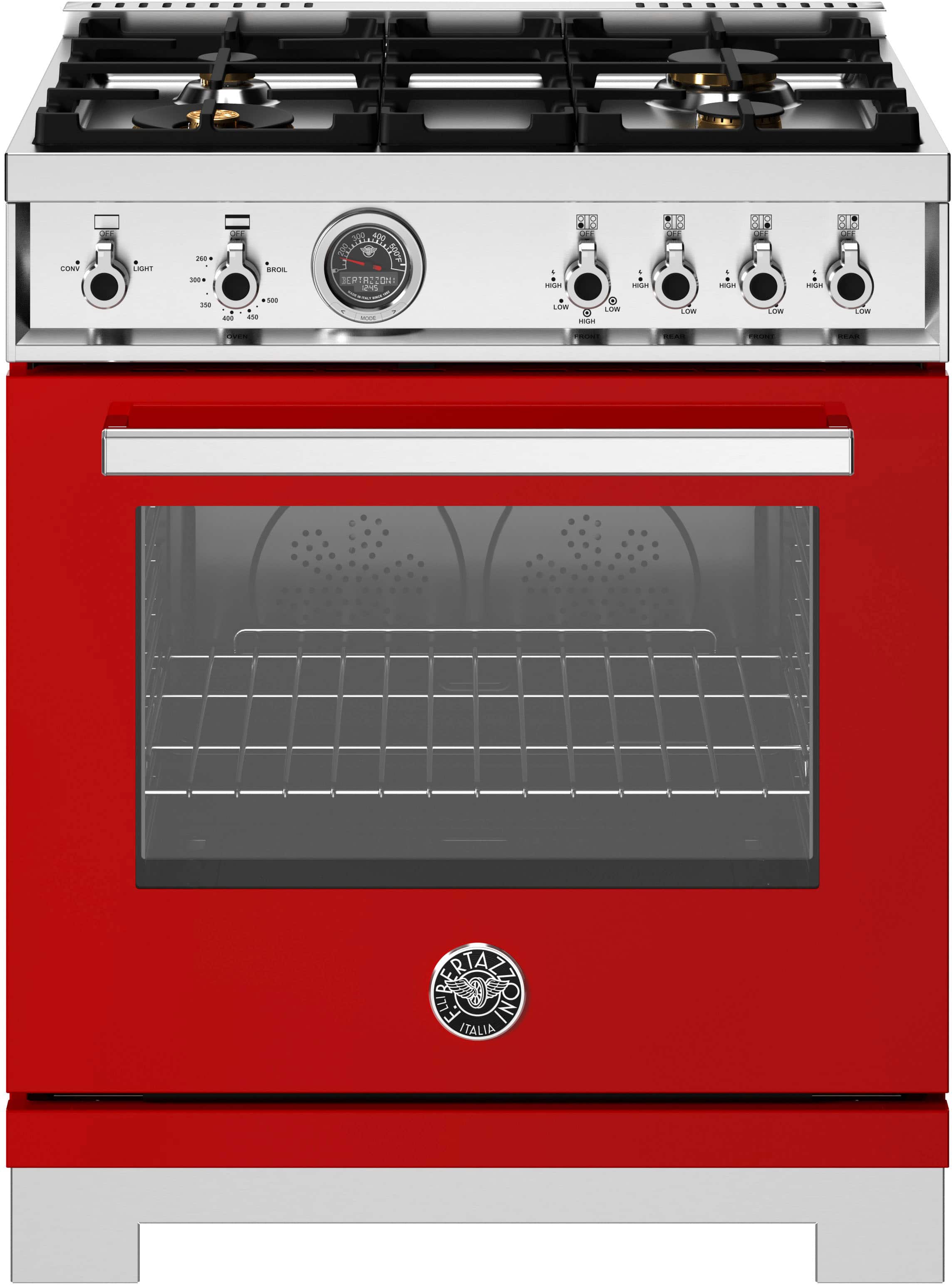 Front. Bertazzoni - 30" Professional Series range - Gas oven - 4 brass burners - Red.