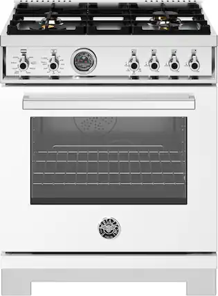 Front. Bertazzoni - 30" Professional Series range - Electric self clean oven - 4 brass burners - White.