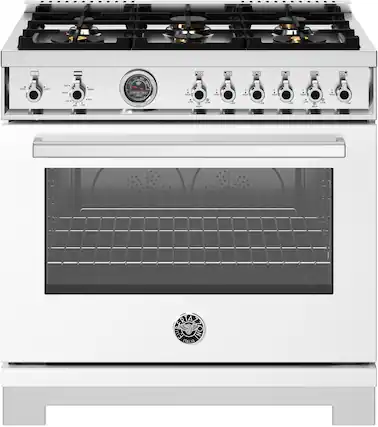 Front. Bertazzoni - 36" Professional Series range - Gas oven - 6 brass burners - White.