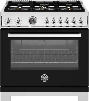 Front. Bertazzoni - 36" Professional Series range - Electric self clean oven - 6 brass burners - Black.