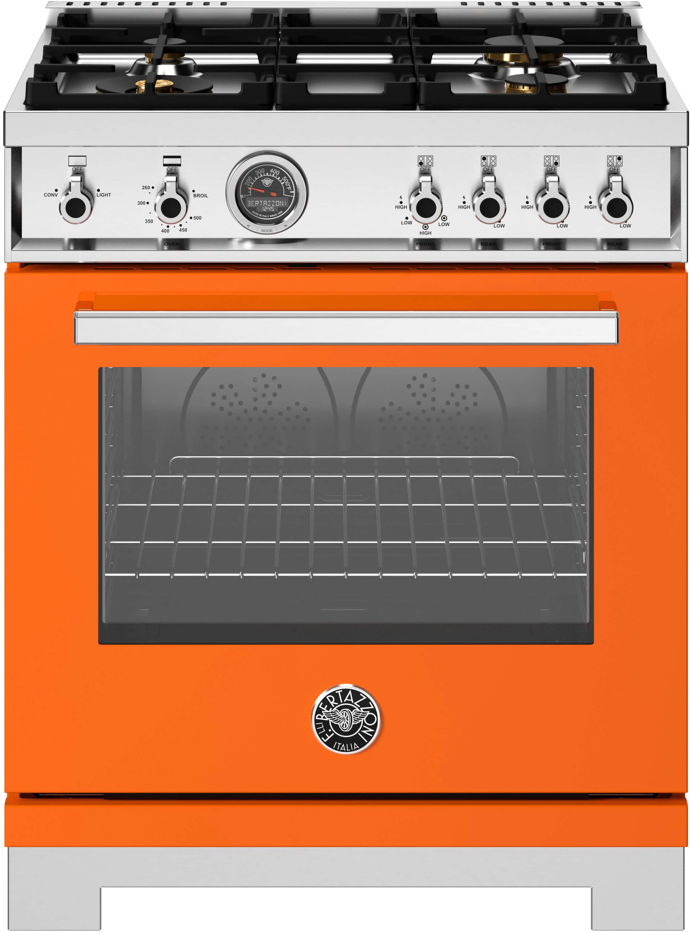 Front. Bertazzoni - 30" Professional Series range - Gas oven - 4 brass burners - Orange.