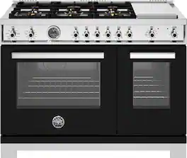 Bertazzoni - 48" Professional Series range - Electric self clean oven - 6 brass burners + griddle - Black