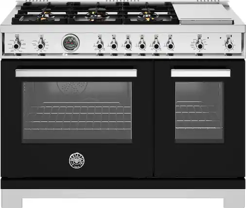 Front. Bertazzoni - 48" Professional Series range - Electric self clean oven - 6 brass burners + griddle - Black.