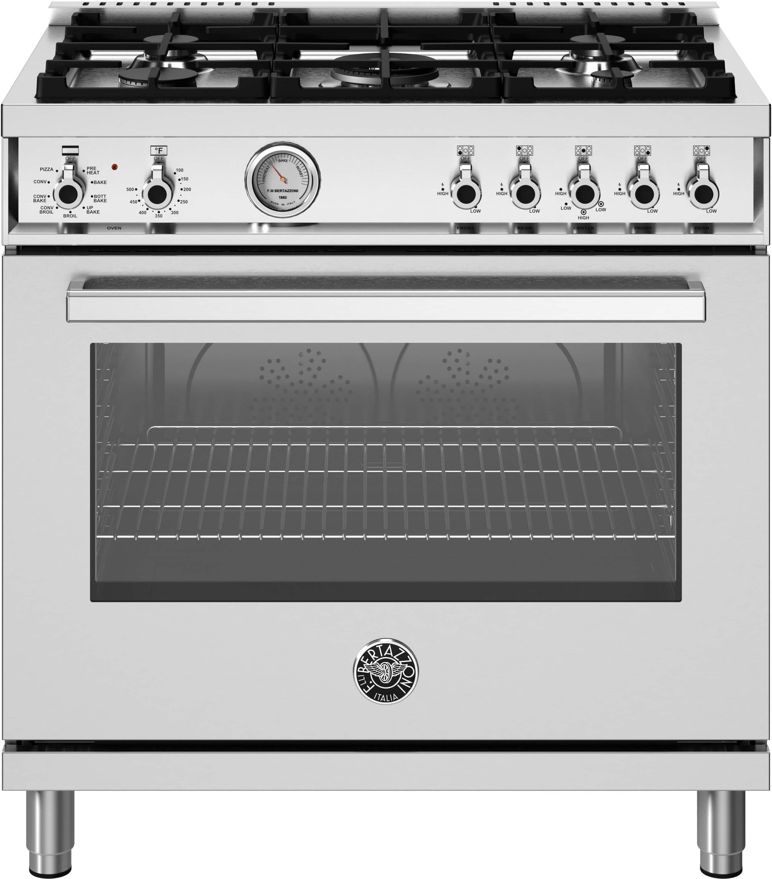 Front. Bertazzoni - 36" Professional Series range - Electric oven - 5 aluminum burners - Stainless Steel.