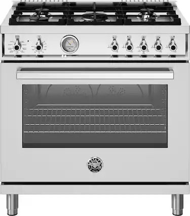 Front. Bertazzoni - 36" Professional Series range - Electric oven - 5 aluminum burners - Stainless Steel.