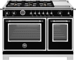 Bertazzoni - 48" Heritage Series range - Dual Fuel self clean oven - 6 brass burners + griddle - Black - Front_Zoom