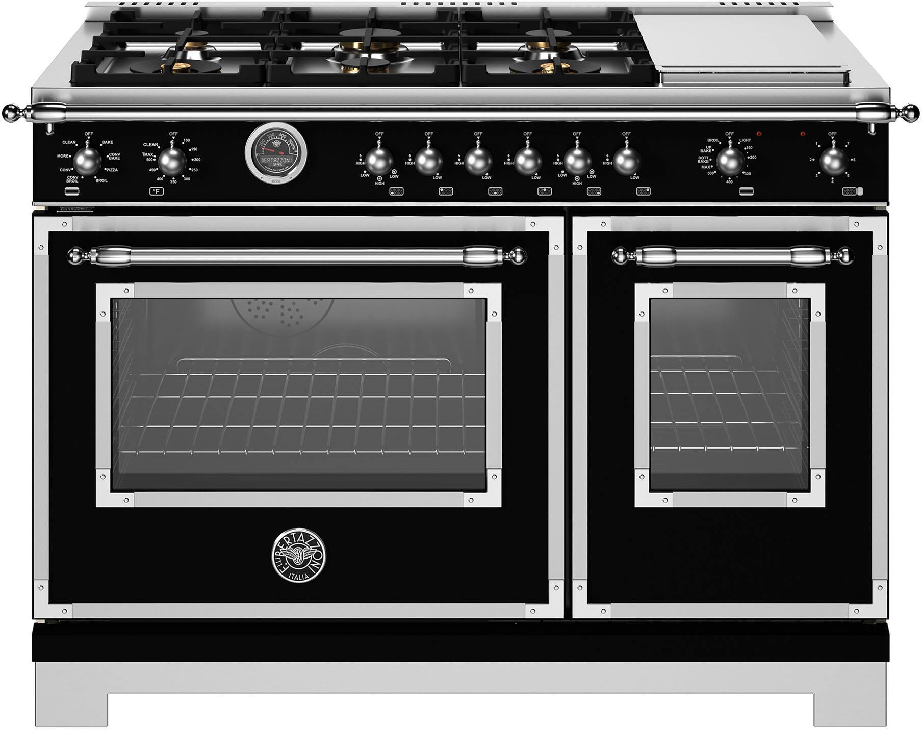 Bertazzoni - 48" Heritage Series range - Dual Fuel self clean oven - 6 brass burners + griddle - Black