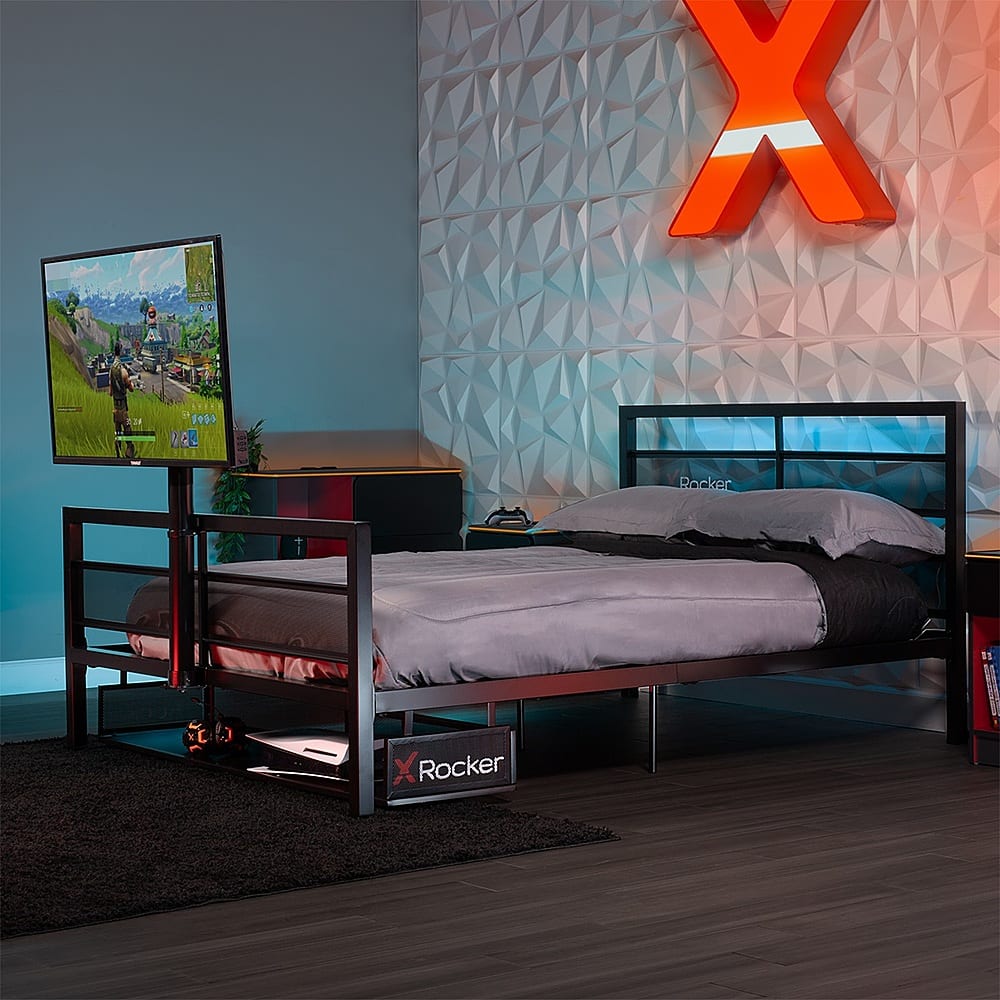 Alt View 12. X Rocker - Basecamp Full Size Gaming Bed with LED Lights, Under-Bed Storage and TV Mount - Black.