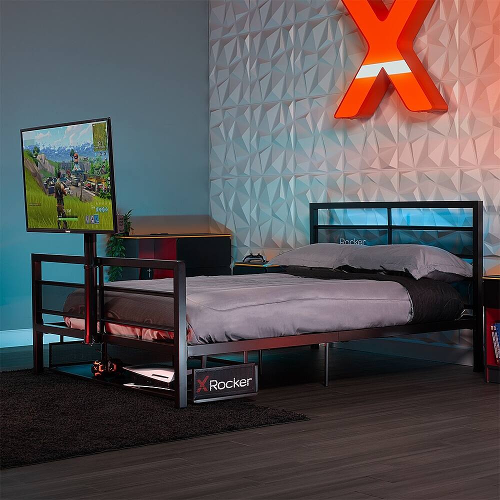 Alt View 12. X Rocker - Basecamp Full Size Gaming Bed with LED Lights, Under-Bed Storage and TV Mount - Black.
