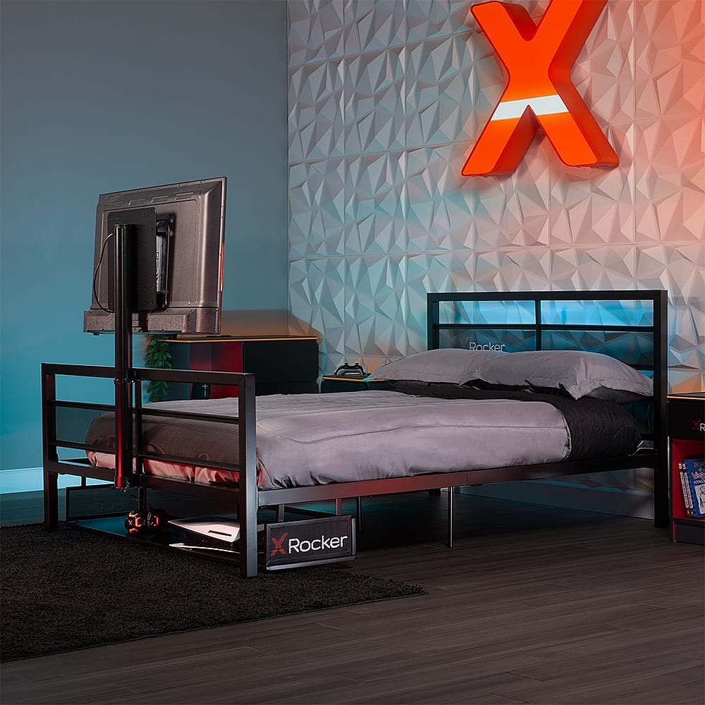 Alt View 13. X Rocker - Basecamp Full Size Gaming Bed with LED Lights, Under-Bed Storage and TV Mount - Black.