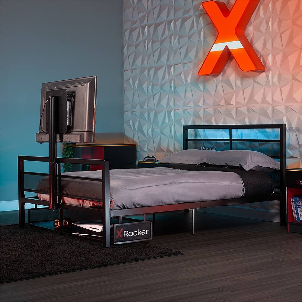 Alt View 13. X Rocker - Basecamp Full Size Gaming Bed with LED Lights, Under-Bed Storage and TV Mount - Black.