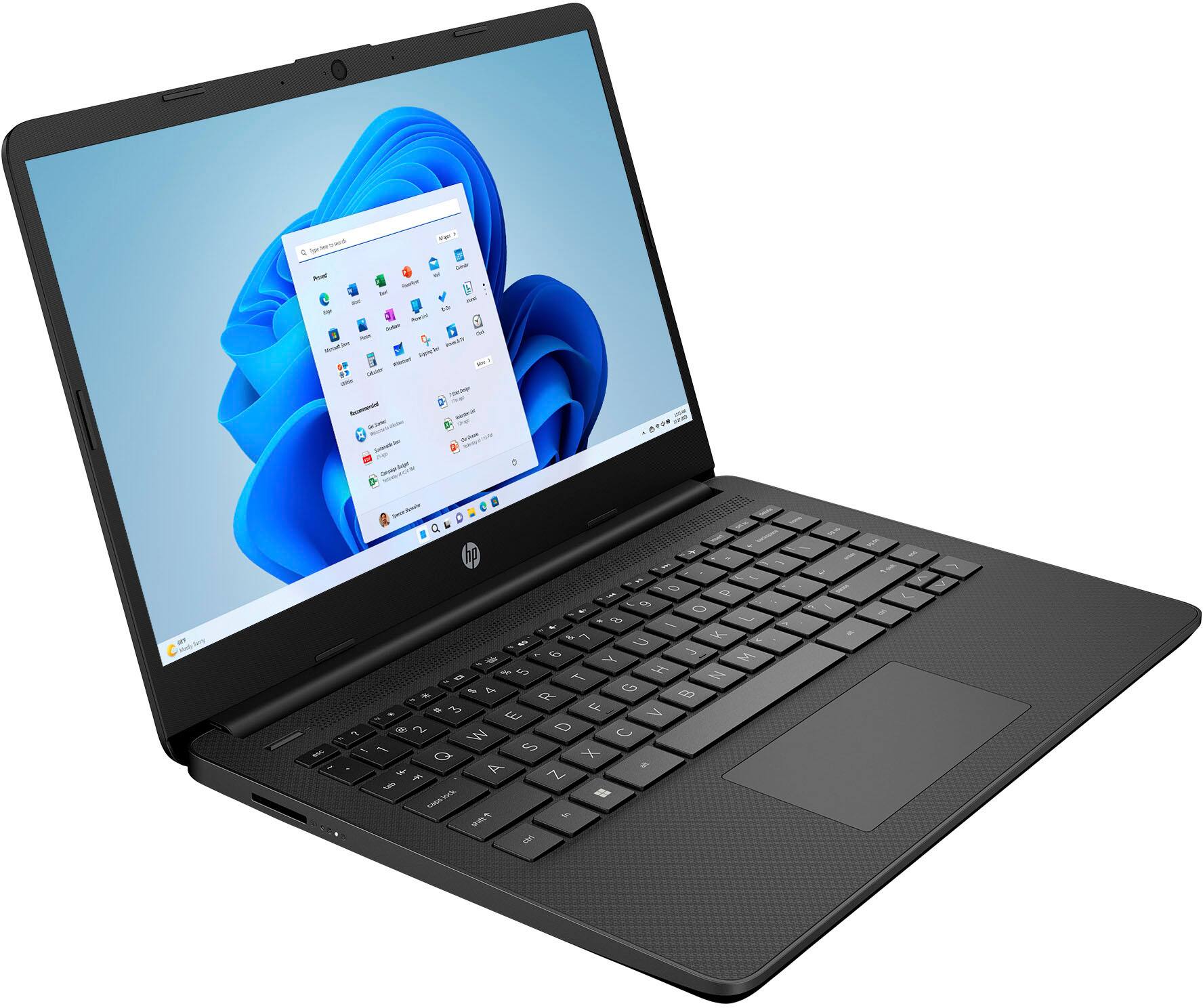 A black laptop with a blue screen and a keyboard. The screen displays a blue background with icons and text. The keyboard is black and has white letters. The laptop is open and ready for use.