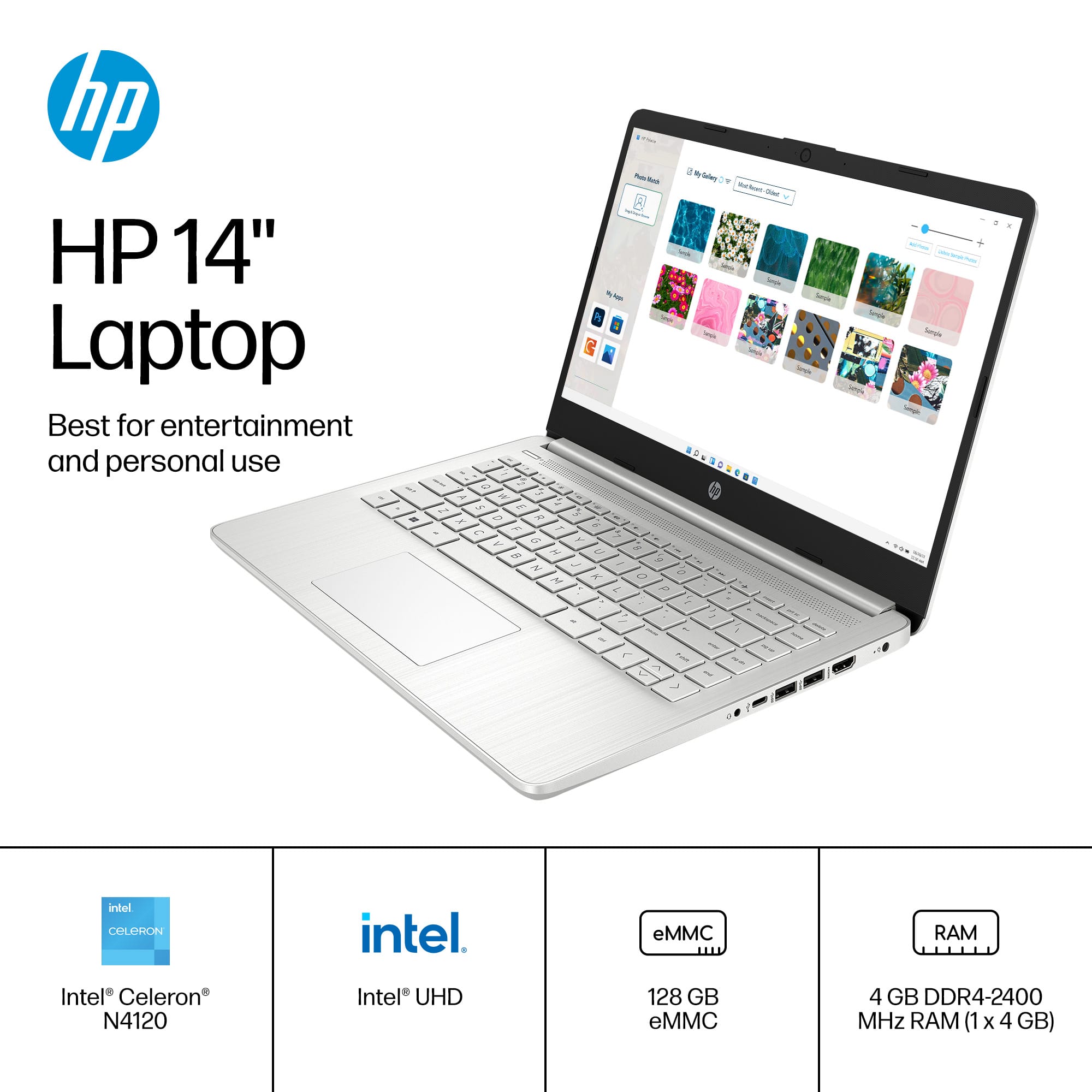 The image features a silver HP 14" laptop, which is advertised as the best for entertainment and personal use. The laptop is on display, showcasing its features and design. The text on the image highlights the laptop's specifications, including an Intel Celeron processor, Intel UHD graphics, 128 GB eMMC storage, and 4 GB DDR4-2400 MHz RAM. The laptop is available for purchase, making it an ideal choice for those looking for a reliable and powerful device for their daily tasks and leisure activities.