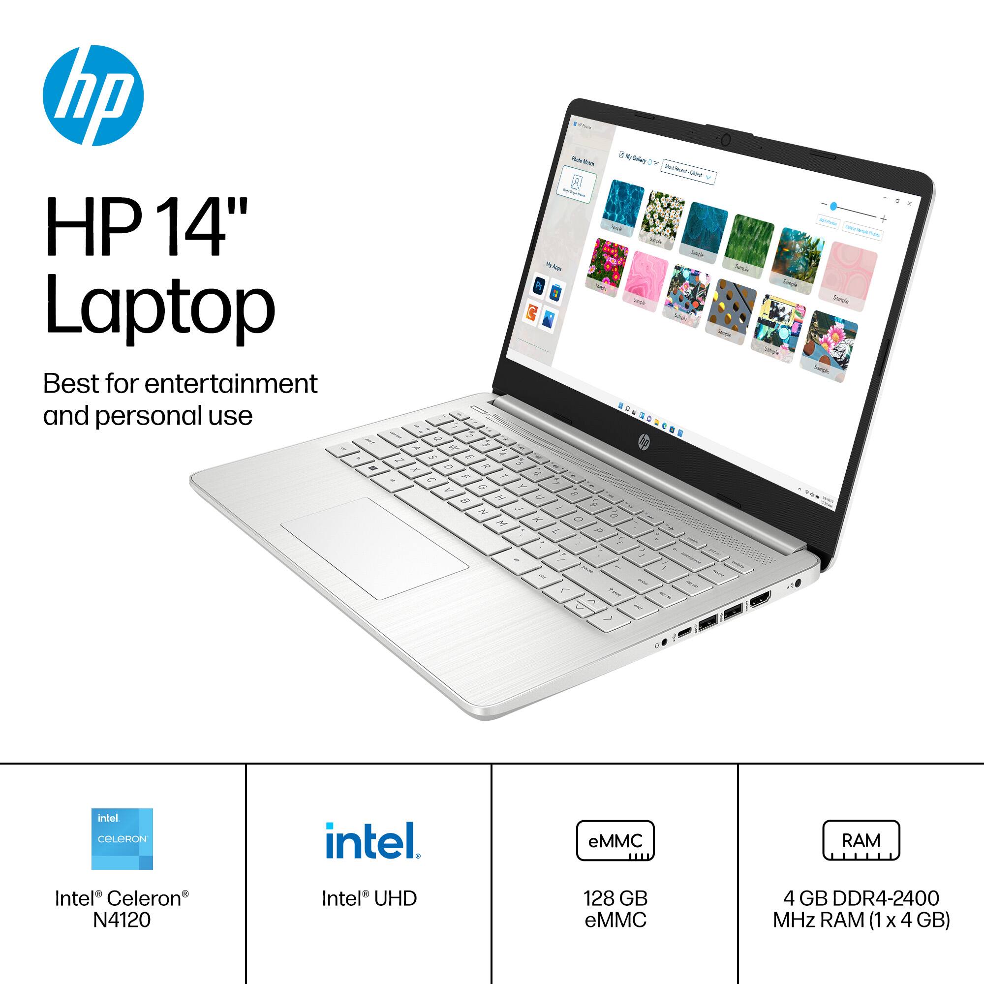 The image features a silver HP 14" laptop, which is advertised as the best for entertainment and personal use. The laptop is on display, showcasing its features and design. The text on the image highlights the laptop's specifications, including an Intel Celeron processor, Intel UHD graphics, 128 GB eMMC storage, and 4 GB DDR4-2400 MHz RAM. The laptop is available for purchase, making it an ideal choice for those looking for a reliable and powerful device for their daily tasks and leisure activities.