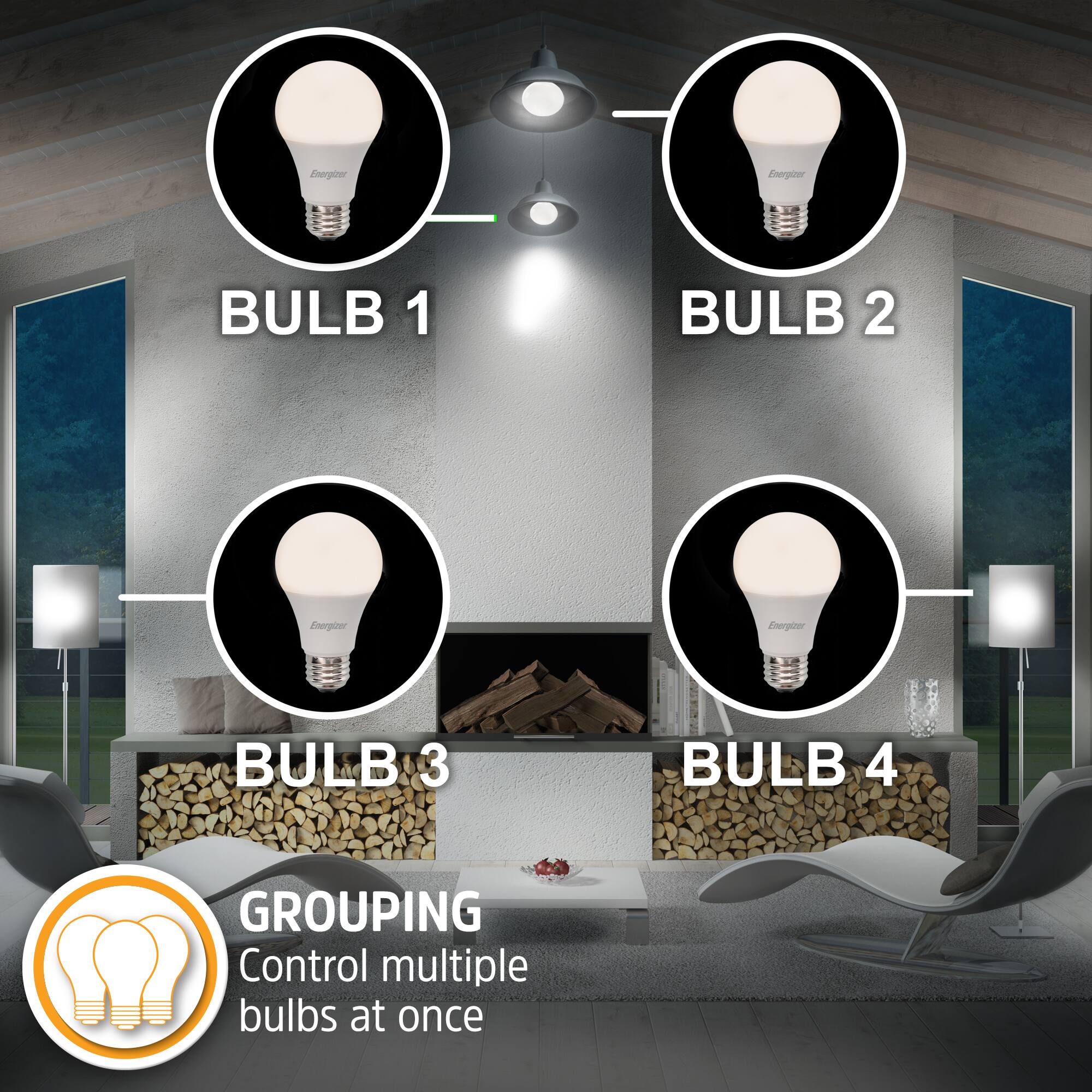 Energize Enerpinr BULB 1 BULB 2 Energize Energeer BULB 3 BULB 4 GROUPING Control multiple bulbs at once