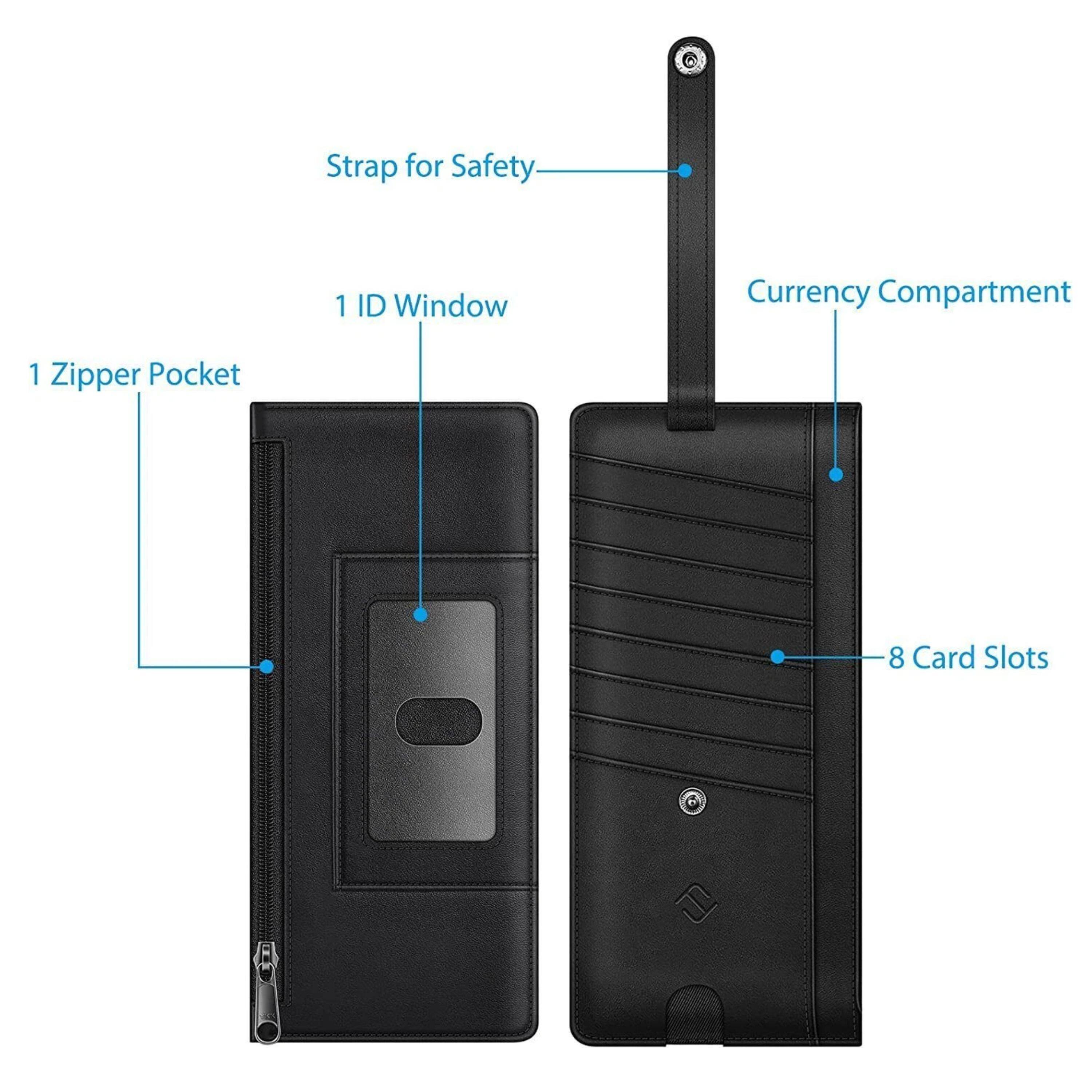 Strap for Safety  
1 ID Window  
Currency Compartment  
1 Zipper Pocket  
8 Card Slots