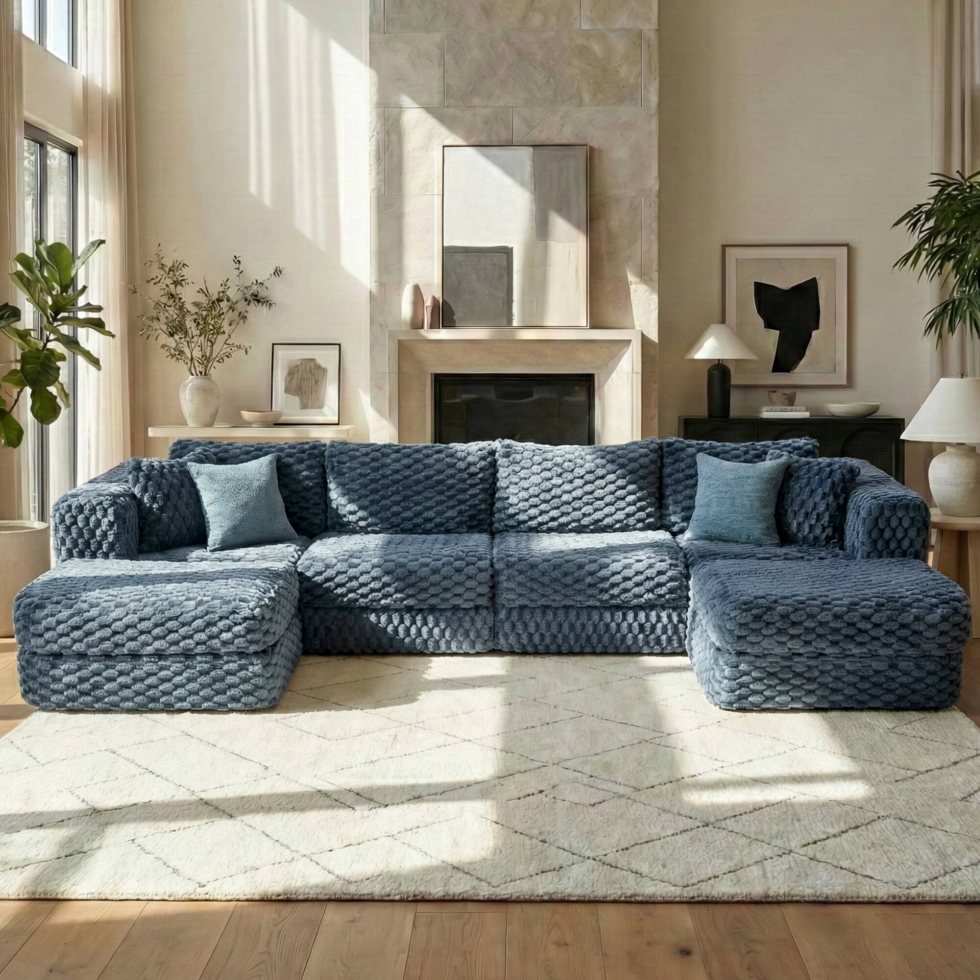 Angle. Whisen - Modular Boneless Sectional Sofa with Two Movable Ottomans for Living Room - Blue.